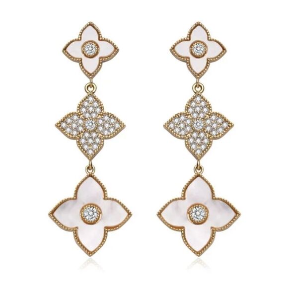 Gold & Mother Pearl Four-Leaf Clover Diamond Earrings - Picture 2 of 4